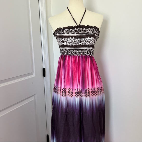 VTG Boston Proper Women’s Silk Cotton Maxi Dress Sz 8Tie Dye Beach Summer Halter - Picture 2 of 10